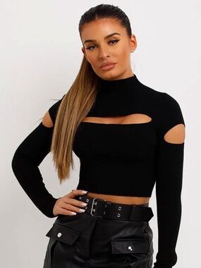 FOREVER 21 Black Ribbed Cutout Long-Sleeve Mock Turtleneck Crop Top SMALL